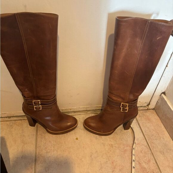Tory Burch knee high double buckle boots leather dress shoes logo heels - Picture 5 of 11